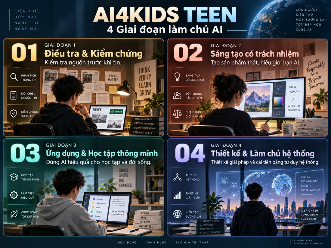 AI4Kids Teen — 4 giai đoạn làm chủ AI: Điều tra & Kiểm chứng, Sáng tạo có trách nhiệm, Ứng dụng & Học tập thông minh, Thiết kế & Làm chủ hệ thống